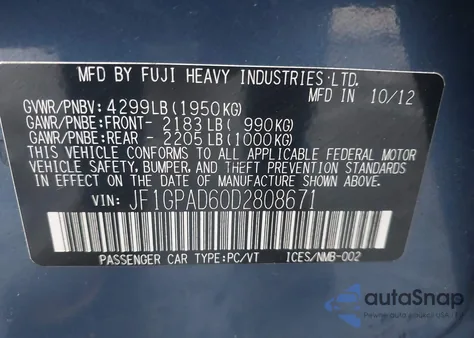 2013 Subaru Impreza 2.0I Premium из США, поврежденный, VIN JF1GPAD60D2808671